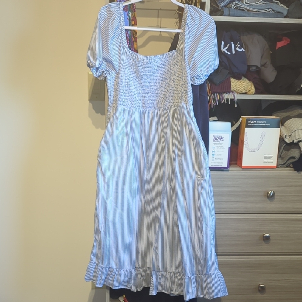 Blue Striped Puff Sleeve Dress